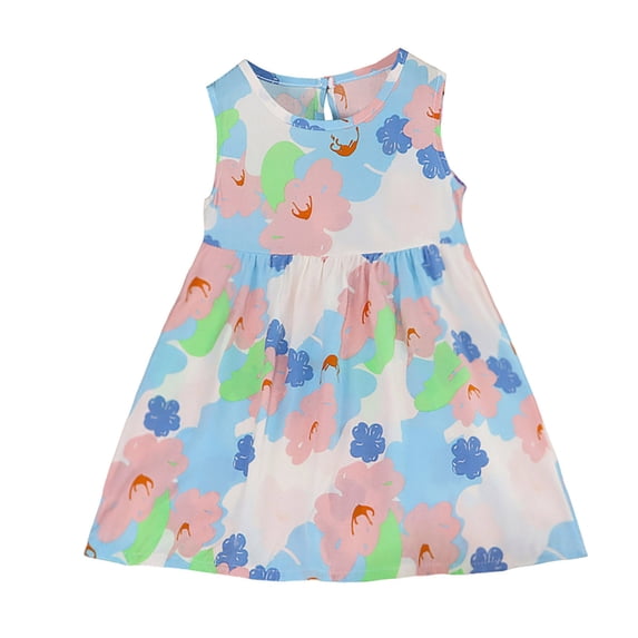 Agkizg Girls Sleeveless Tank Dresses Crewneck Floral Print Casual A Line Flower Girl Sundress Dresses