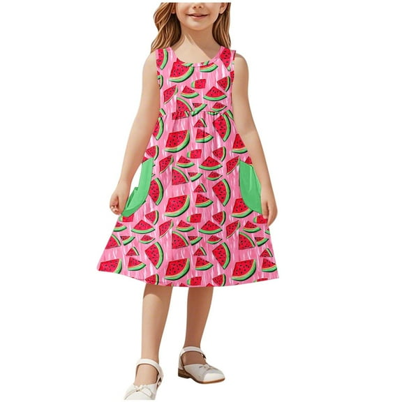 Agkizg Girls Sleeveless Tank Dresses Crewneck Floral Print Casual A Line Flower Girl Sundress Dresses
