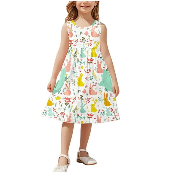 Agkizg Girls Sleeveless Tank Dresses Crewneck Floral Print Casual A Line Flower Girl Sundress Dresses