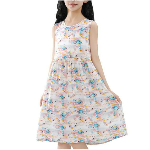 Agkizg Girls Sleeveless Tank Dresses Crewneck Flower Print Casual A Line Flower Girl Sundress Dresses