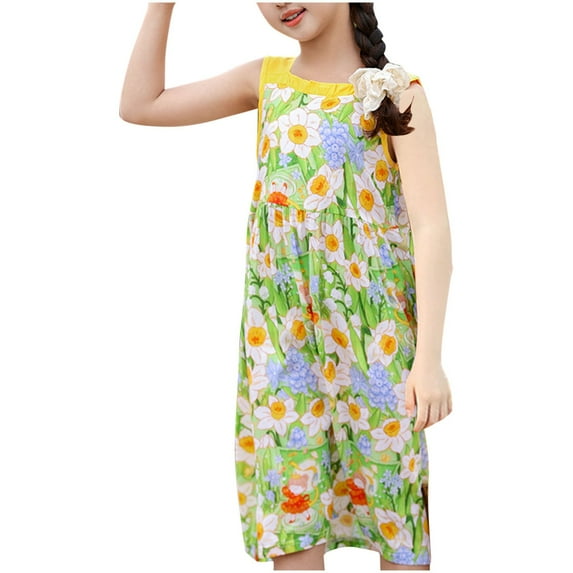 Agkizg Girls Sleeveless Tank Dresses Crewneck Flower Print Casual A Line Flower Girl Sundress Dresses
