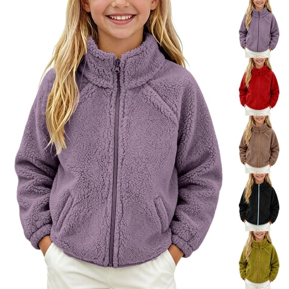 Agkizg Girls Stand Collar Fleece Jacket Thick Warm Winter Coat with Pockets Solid Color Casual Outerwear