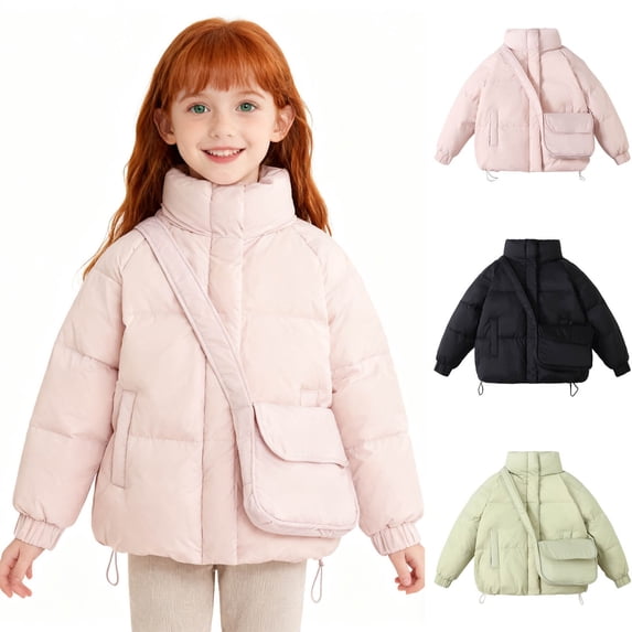 Agkizg Girls Stand Collar Short Down Jacket Loose Fitting Thick Winter Puffer Coat with Pockets Solid Color Warm Casual Outerwear