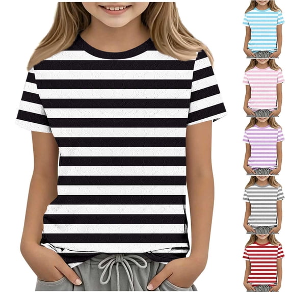 Agkizg Girls Striped T-Shirts Short Sleeve Crewneck Casual Basic Tee for Kids Colorful Printed Summer Top, Sizes 9-10 Years
