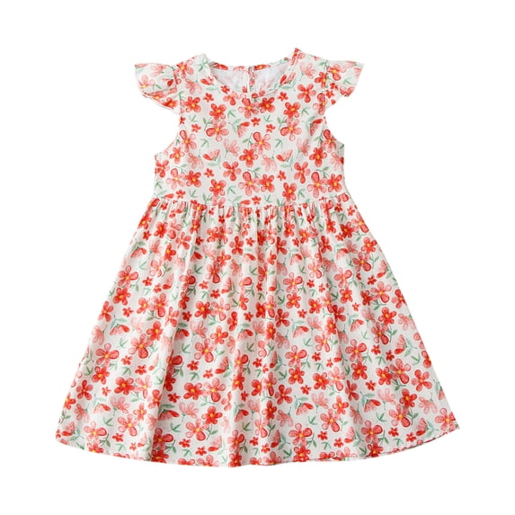 Agkizg Girls Summer Dress Cottons Floral Print Ruffle Sleeve Round Neck A-line Princess Dress Comfortable Fitting Dress,Sizes 8-9 Years