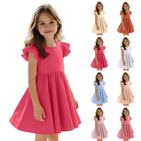 Agkizg Girls Summer Dress Cottons Solid Bow Ties Ruffle Sleeve Open Back A-line Casual Comfortable Dress,Sizes 1-2 Years
