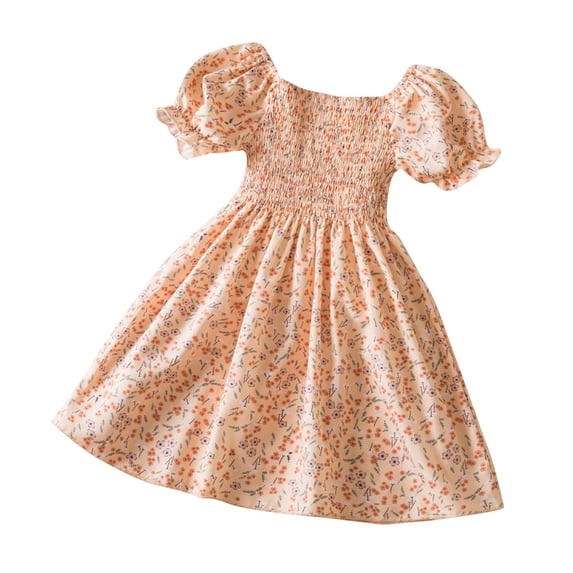 Agkizg Girls Summer Dress Floral Print Short Sleeve Puff Sleeve Elastic Waist Round Neck Mesh Princess Dress Comfortable Fitting Dress,Sizes 6-7 Years