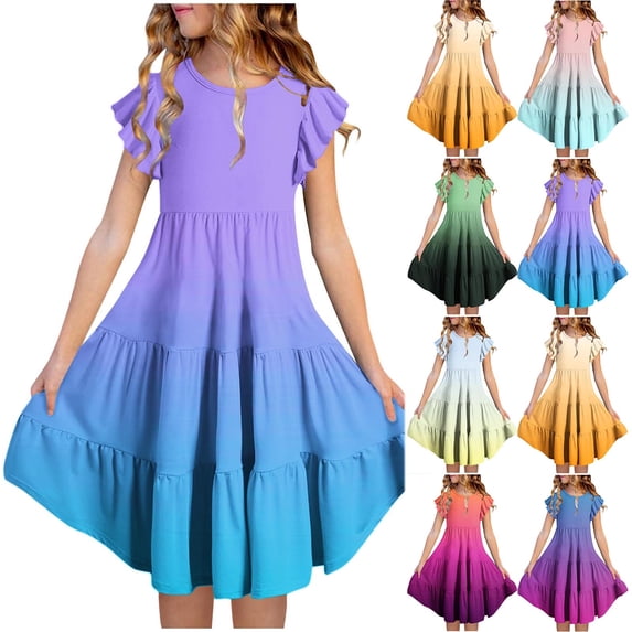 Agkizg Girls Summer Dress Gradient Short Sleeve Ruffle Round Neck Tiered A-line Cake Dress Comfortable Fitting Dress,Sizes 4-5 Years