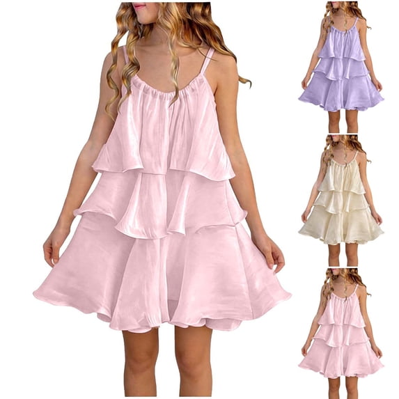 Agkizg Girls Summer Dress Solid Sleeveless Spaghetti Strap Tiered Ruffle Hem Vacation Dress Comfortable Fitting Dress,Sizes 2-3 Years