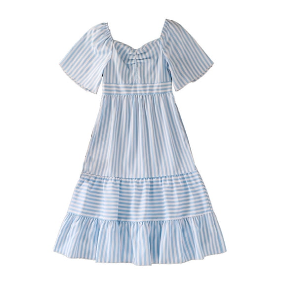 Agkizg Girls Summer Dress Stripe Shirred Elastic Short Sleeve A-line Maxi Dress Comfortable Fitting Dress,Sizes 12-13 Years