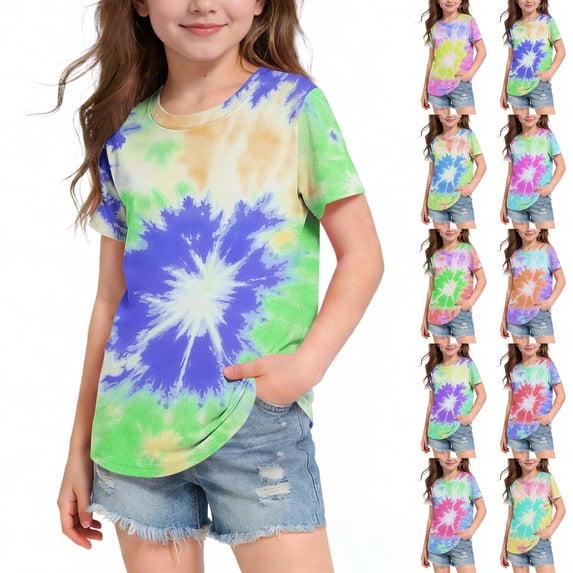 Agkizg Girls Ties Dyed T-Shirt Short Sleeve Casual Crewneck Summer Top for Kids Cute Colorful Tee, Sizes 9-10 Years