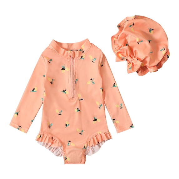 Agkizg Girls Two Piece Swimsuit Set Rashes Guard Watermelon Print Long Sleeve Zip Up with Swim Cap