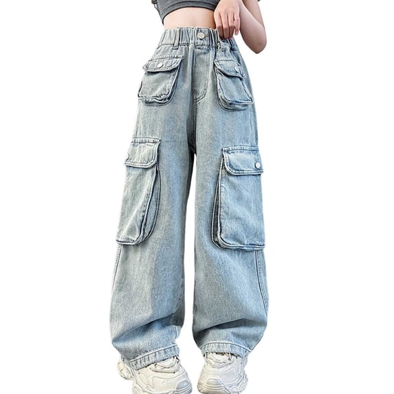 Agkizg Girls Wide Leg Cargo Jeans Loose Fitting Denim Pants with Pockets for Teen Summer Trendy Wear, Sizes 9-10 Years