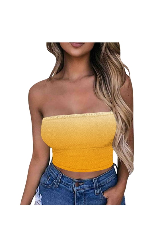 Gradient Color Printed Bandeau Bra Ruffled Sleeveless Top Elastic Solid Color Strapless Daily Bralette (Women's or Women's Plus)