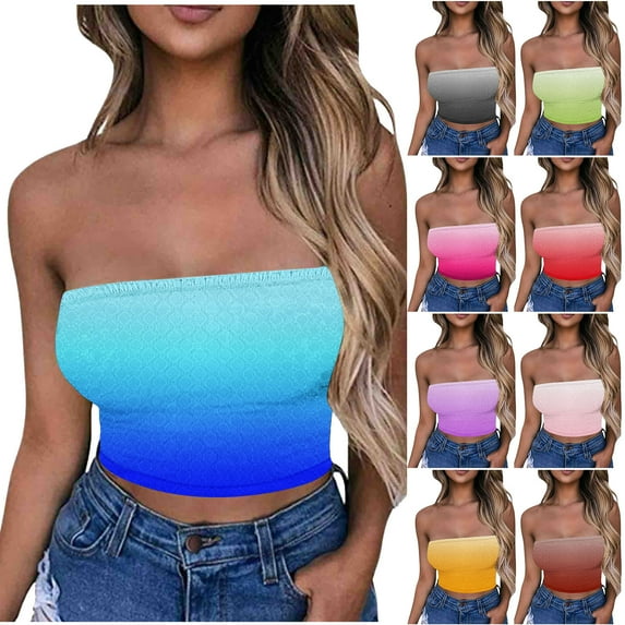 Agkizg Gradient Color Printed Bandeau Bra Ruffled Sleeveless Top Elastic Solid Color Strapless Daily Bralette (Women's or Women's Plus)