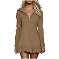 thumbnail image 1 of Agkizg Hooded Long Sleeve Dress Half Zipper Ruffle Hem Loose Fitting Solid Color Casual Athletic Midi Dress (Women's or Women's Plus),Sizes XXL, 1 of 5