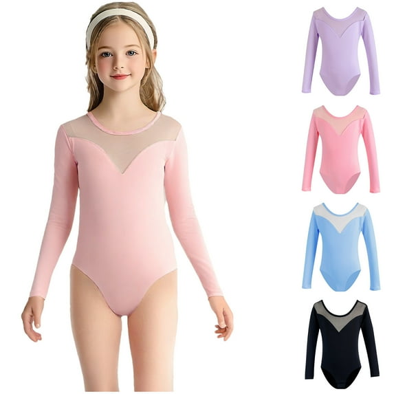 Agkizg Kid Girls Gymnastic Leotard Long Sleeve Solid Color Ballet Dance One Piece Outfit, Sizes 2-15 Years