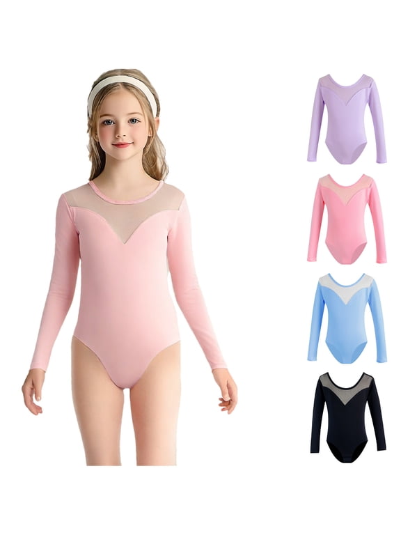 Kid Girls Gymnastic Leotard Long Sleeve Solid Color Ballet Dance One Piece Outfit, Sizes 2-15 Years