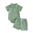 thumbnail image 1 of Agkizg Kids Boys Girls Clothing Set 2 Piece Outfit Short Sleeve Romper Button Down Shirt Shorts Set, 1 of 3