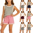 thumbnail image 1 of Agkizg Kids Girls Clothing Set Sleeveless 2 Piece Outfit Solid Top Plaid Shorts Summer Casual Set, 1 of 7
