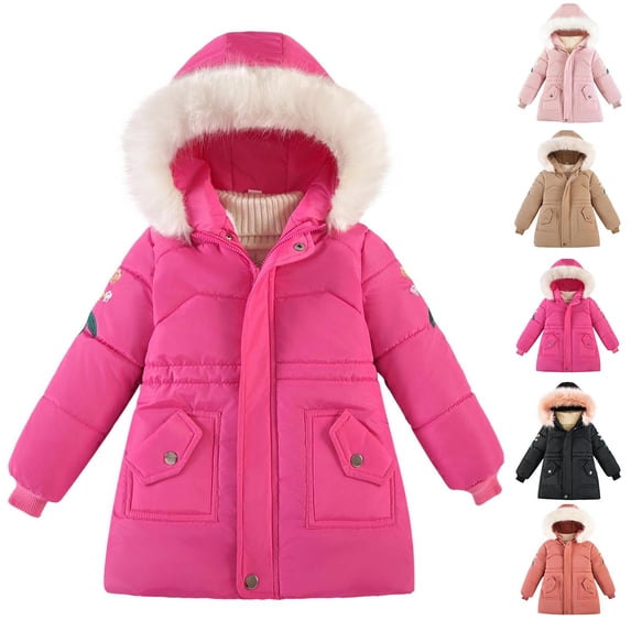 Agkizg Kids Girls Hooded Puffer Coat Zip Up Thick Winter Jacket with Pockets Solid Color Warm Casual Outerwear