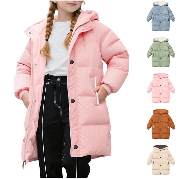 Agkizg Kids Girls Mid Length Hooded Puffer Coat Thick Winter Jacket with Pockets Solid Color Warm Casual Outerwear