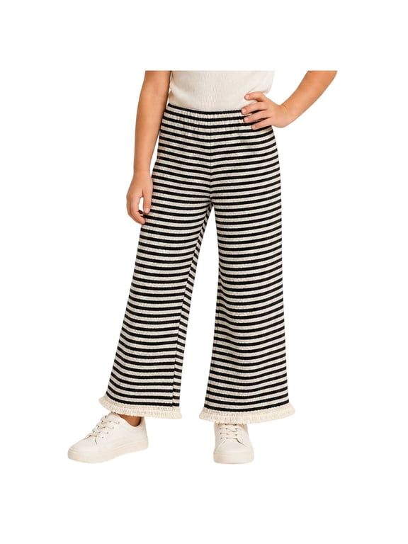 Kids Girls Striped Wide Leg Pants Knit Loose Fitting Trousers for Fall Winter Cozy Wear, Sizes 6-9 Months