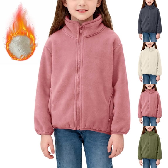 Agkizg Kids Girls Zip Up Fleece Jacket Thick Long Sleeve Winter Coat with Pockets Solid Color Warm Casual Outerwear