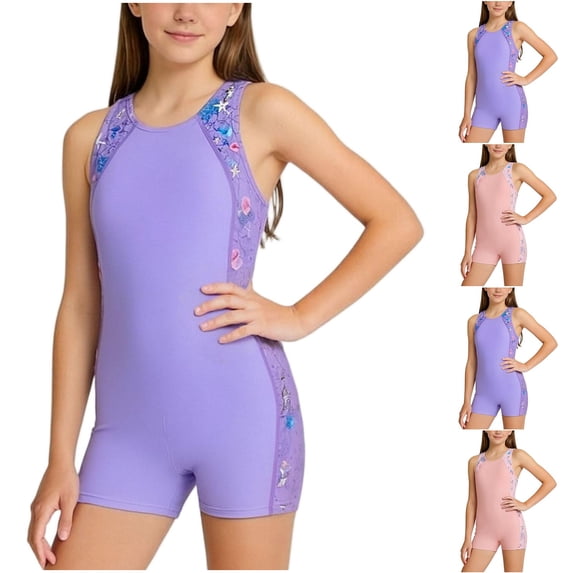 Agkizg Kids One-Piece Swimsuit Print Sleeveless Rashes Guard Crew Neck Tank Style with Boyshort