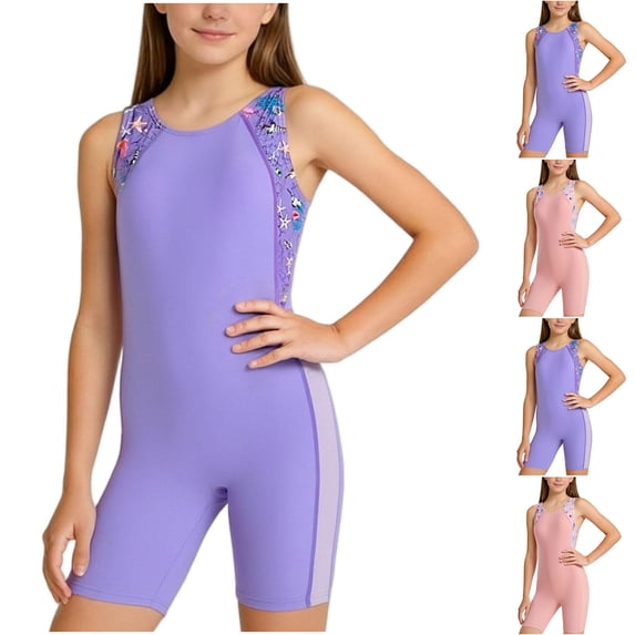 Agkizg Kids One-Piece Swimsuit Print Sleeveless Rashes Guard Crew Neck Tank Style with Boyshort