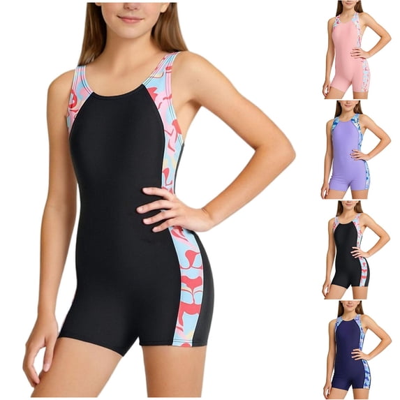 Agkizg Kids One-Piece Swimsuit Print Sleeveless Rashes Guard Crew Neck Tank Style with Boyshort