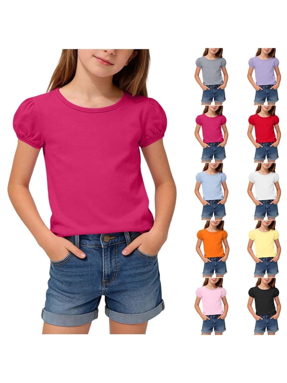 Kids Puff Sleeve T-Shirt Solid Short Sleeve Crewneck Top for Girls Casual Comfortable Summer Tee, Sizes 7-8 Years