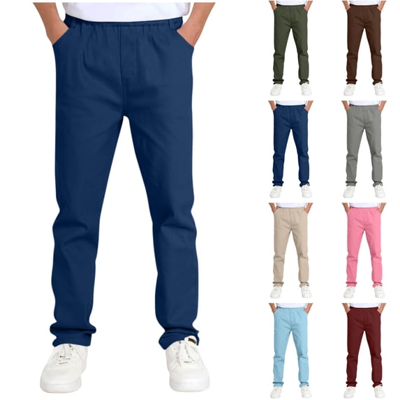 Agkizg Kids Boys Straight Leg Chino Pants, Elastic Waist Casual School Uniform Trousers with Pockets, Lightweight Pants for Daily Wear
