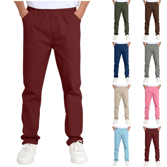 Agkizg Kids Boys Straight Leg Chino Pants, Elastic Waist Casual School Uniform Trousers with Pockets, Lightweight Pants for Daily Wear