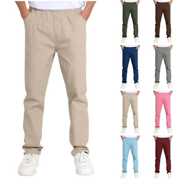 Agkizg Kids Boys Straight Leg Chino Pants, Elastic Waist Casual School Uniform Trousers with Pockets, Lightweight Pants for Daily Wear
