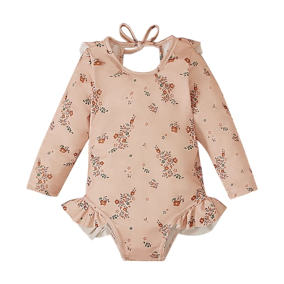 Agkizg Little Girls One-Piece Rashes Guard Swimsuit All Over Print Long Sleeve Zip Up Swimwear for Toddlers Kids