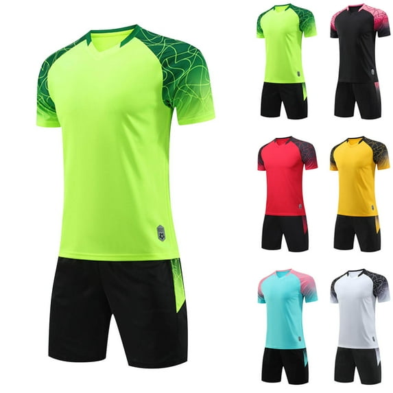 Agkizg 2PC Gradient Sleeve Soccer Set Round Neck Short Sleeve Top Elastic Waist Shorts Quickly Dry Breathable (Boy's or Boy's Plus),2-Piece Set,Sizes 4-13 Years