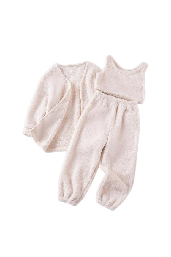Matching Sets for Kids Clothing Toddler Girls Outfit Sets Long Sleeve Solid Color Fleece Cardigan Crew Neck Tank Top and Elastic Waist Cuffed Pants 3 Piece Kids Loungewear Sets