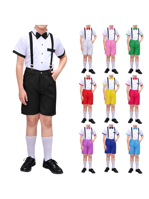 2PC Performance Suit Short Sleeve Blazer Suspenders Pants Bow Ties Set Formal Outfits (Boy's or Boy's Plus),2-Piece Set,Sizes 3-18 Years