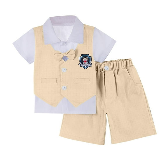 Agkizg Matching Sets for Kids Clothing Short Sleeve Collared Suit Set with Bow Tie 2 Piece Boys Birthday Formal Outfit for Hosting and Catwalk