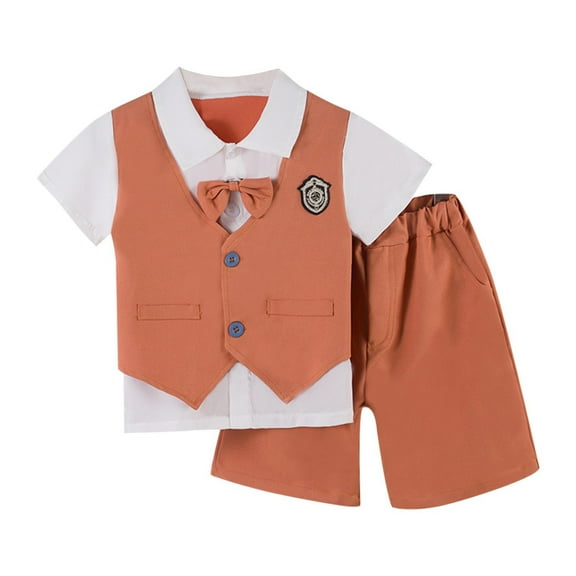 Agkizg Matching Sets for Kids Clothing Short Sleeve Collared Suit Set with Bow Tie 2 Piece Boys Birthday Formal Outfit for Hosting and Catwalk