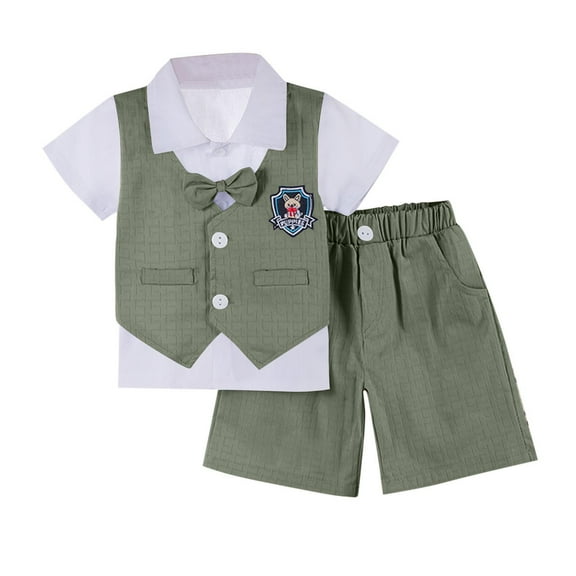 Agkizg Matching Sets for Kids Clothing Short Sleeve Collared Suit Set with Bow Tie 2 Piece Boys Birthday Formal Outfit for Hosting and Catwalk