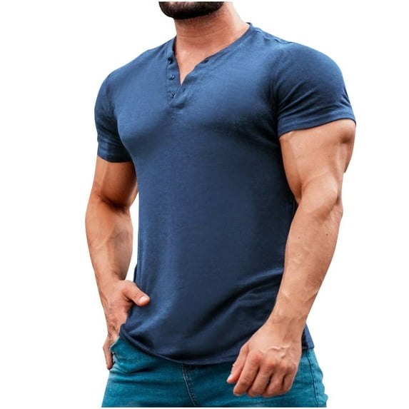 Agkizg Men Athletic T Shirts Solid Color Short Sleeve Crew Neck Tops Button Breathable Gym Workout Daily Wear