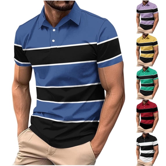 Agkizg Men Casual Shirts Stripe Color Blocked Short Sleeve Turn Down Collar Tops Button Closure Regular Fitting Wear
