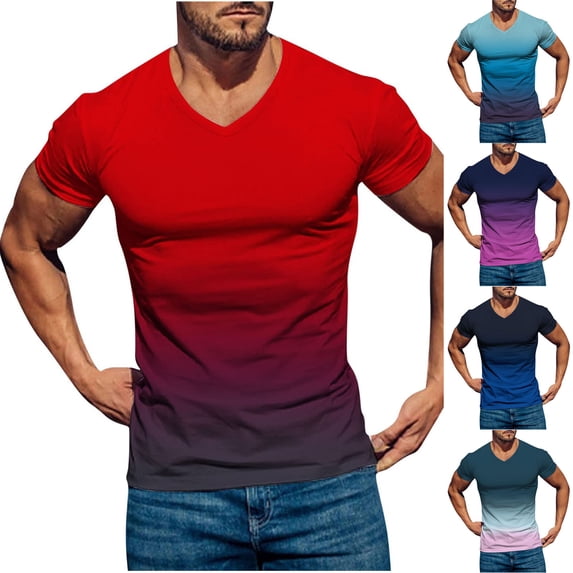 Agkizg Men Casual T Shirts Gradient Print Short Sleeve V Neck Tops Pullover Loose Fitting Soft Comfortable Fashion Daily Wear