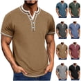 thumbnail image 1 of Agkizg Men Casual T Shirts Solid Color Color Blocked Short Sleeve Crew Neck Tops Button Closure Vintage Style Wear, 1 of 5