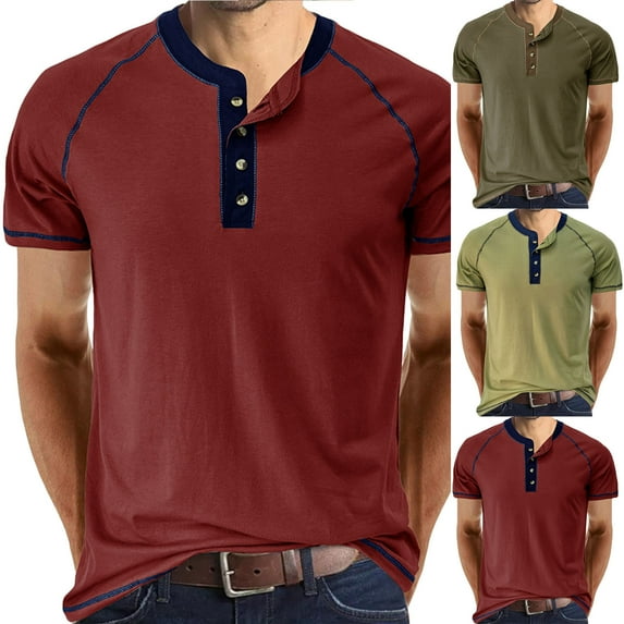 Agkizg Men Casual T Shirts Solid Color Short Sleeve Crew Neck Tops Button Closure Pullover Soft Regular Fitting Basic Daily Wear