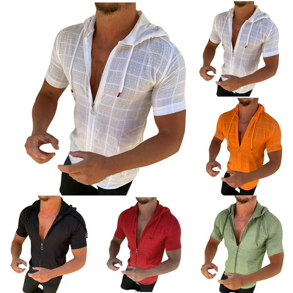 Agkizg Men Casual T Shirts Solid Color Short Sleeve Hooded Tops Zipper Closure Slim Fitting Cardigan Style Casual Wear