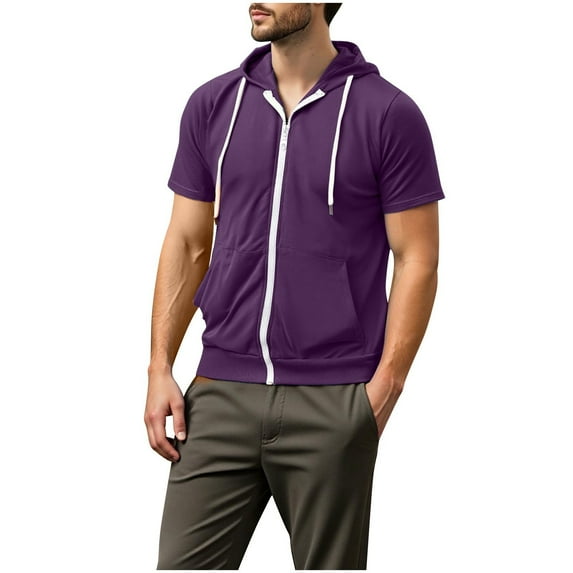 Agkizg Men Casual T Shirts Solid Color Short Sleeve Hooded Tops Zipper Pocket Jacket Style Casual Wear