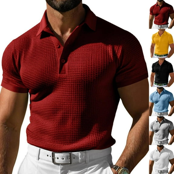 Agkizg Men Golf Shirts Solid Color Short Sleeve Turn Down Collar Tops Waffles Fabric Button Casual Vacation Regular Fitting Wear
